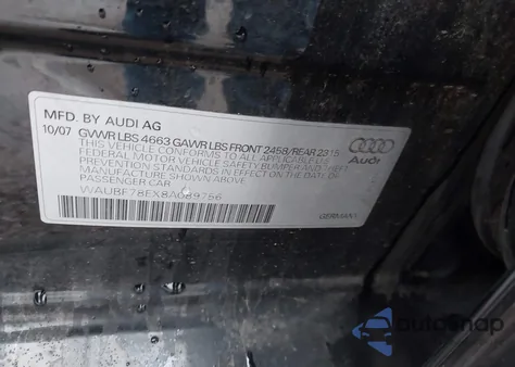 2008 Audi A4 2.0T/2.0T Special Edition from USA, damaged, VIN WAUBF78EX8A089756